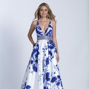 Dave & Johnny 3474 blue flower prom dress